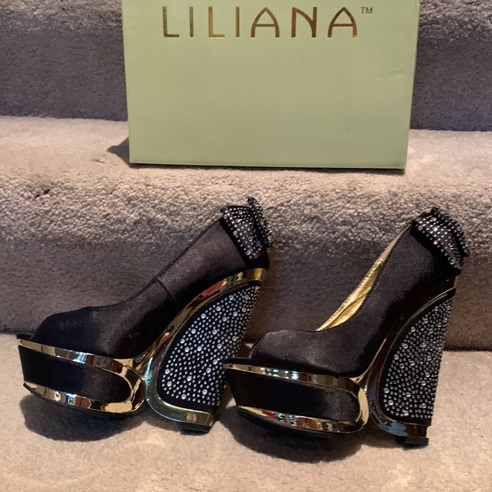 Sexy black rhinestone decor peep toe mirror trim wedges from Liliana. Size 6 1/2 - Picture 3 of 10